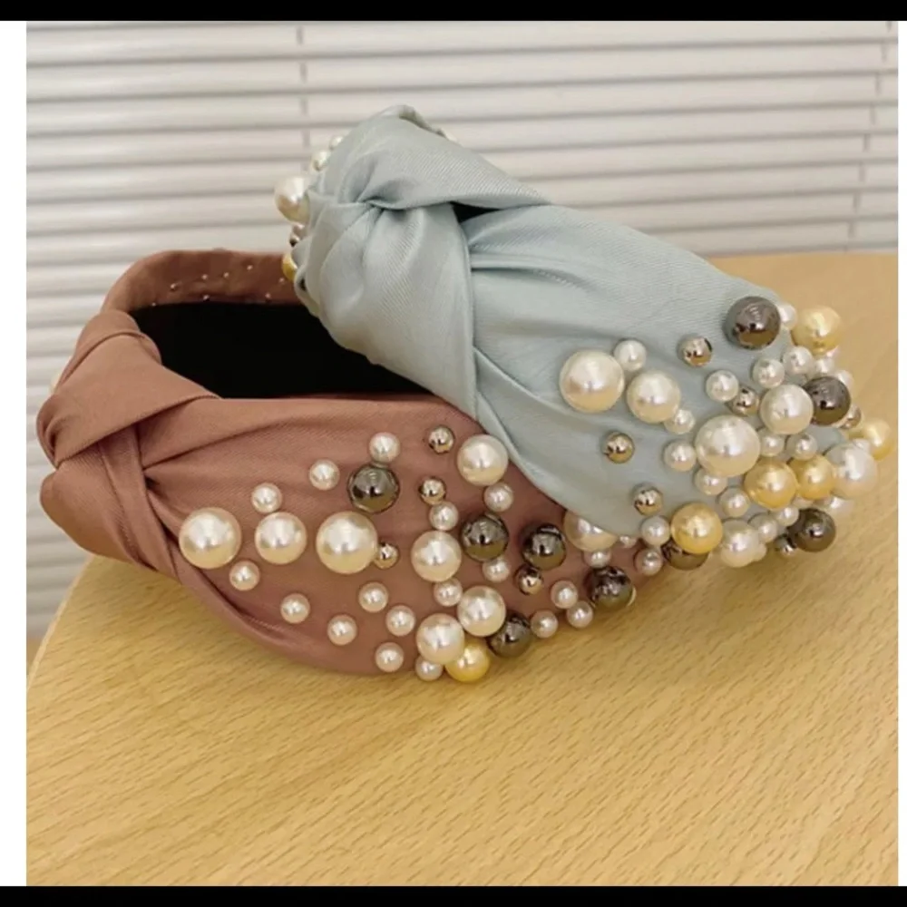 2/$12 Luxury Sky Blue Faux Pearl Headband - Picture 2 of 3